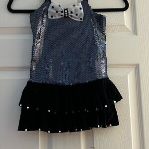 Girls Navy Sequin Halter Dance Dress with Black Velvet Ruffle Skirt